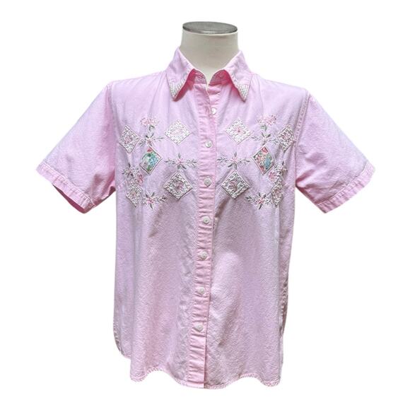 Vintage Jane Ashley Floral Pearl Embellished Short Sleeve Button Up Pink 14/16 - Picture 1 of 8